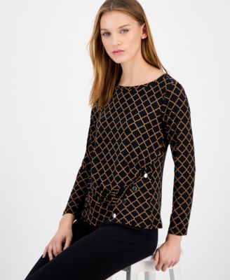 Petite Printed Gathered Long-Sleeve Top