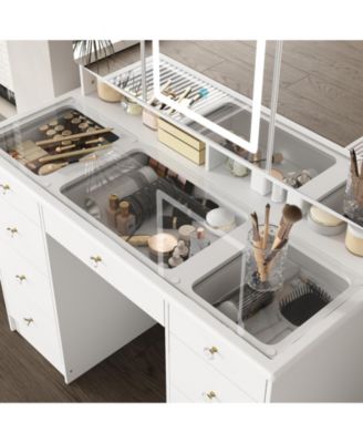 Glass Top 9-Drawers and 3-Mirrors Makeup Vanity Desk ,Dressing Table , Hidden Storage Shelves, LED Lighted