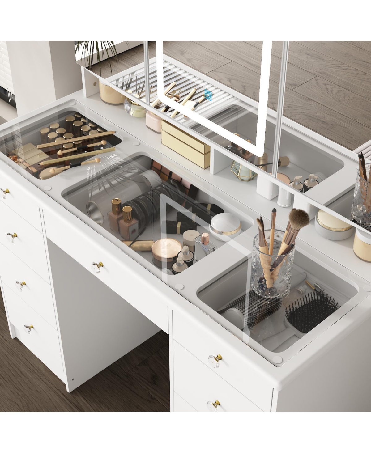 Homsee Glass Top 9-Drawers and 3-Mirrors Makeup Vanity Desk ,Dressing Table , Hidden Storage Shelves, Led Lighted