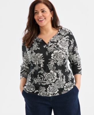 Plus Size Printed 3/4-Sleeve  Henley Top
