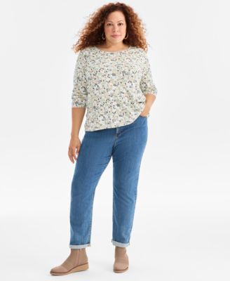 Plus Size PrintedScoop-Neck Long-Sleeve Top, Macy's Exclusive