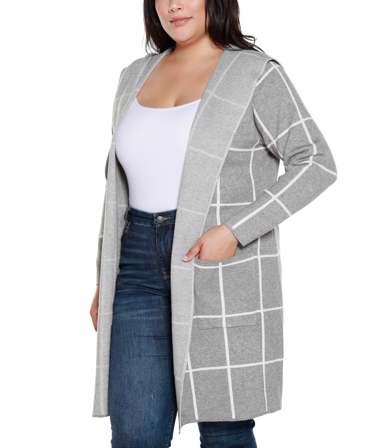 Belldini Plus Size Hooded Windowpane Plaid Cardigan Sweater In Gray