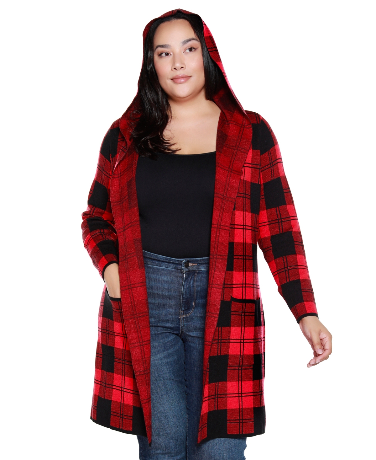 Belldini Plus Size Hooded Checkered Plaid Cardigan Sweater In Multi