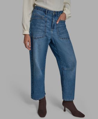 Women's Knee Seam Patch Pocket Barrell-Leg Jeans
