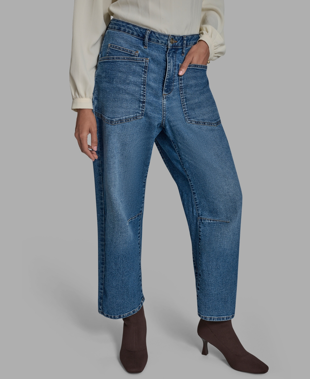 Bcbg Women's Knee Seam Patch Pocket Barrell-leg Jeans In Blue