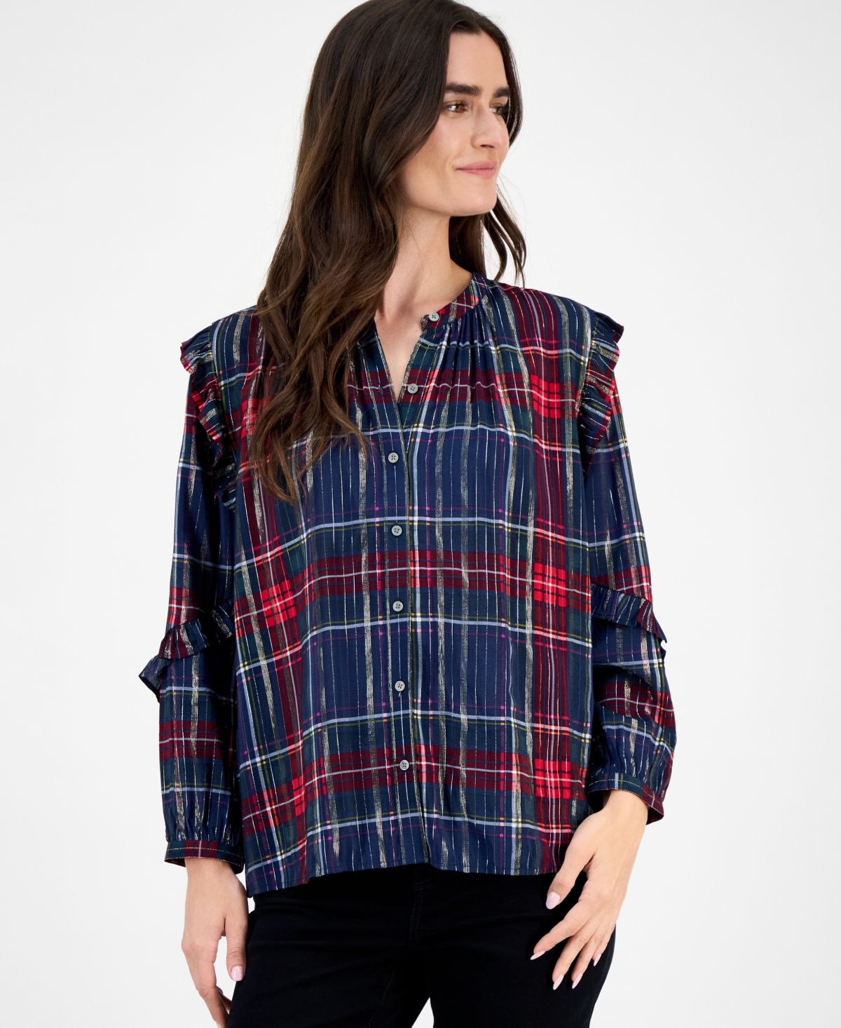 Style & Co Women's Festive Plaid Shine Blouse, Macy's Exclusive In Blue