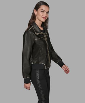 Petite Women's Knit-Trim Faux-Leather Jacket