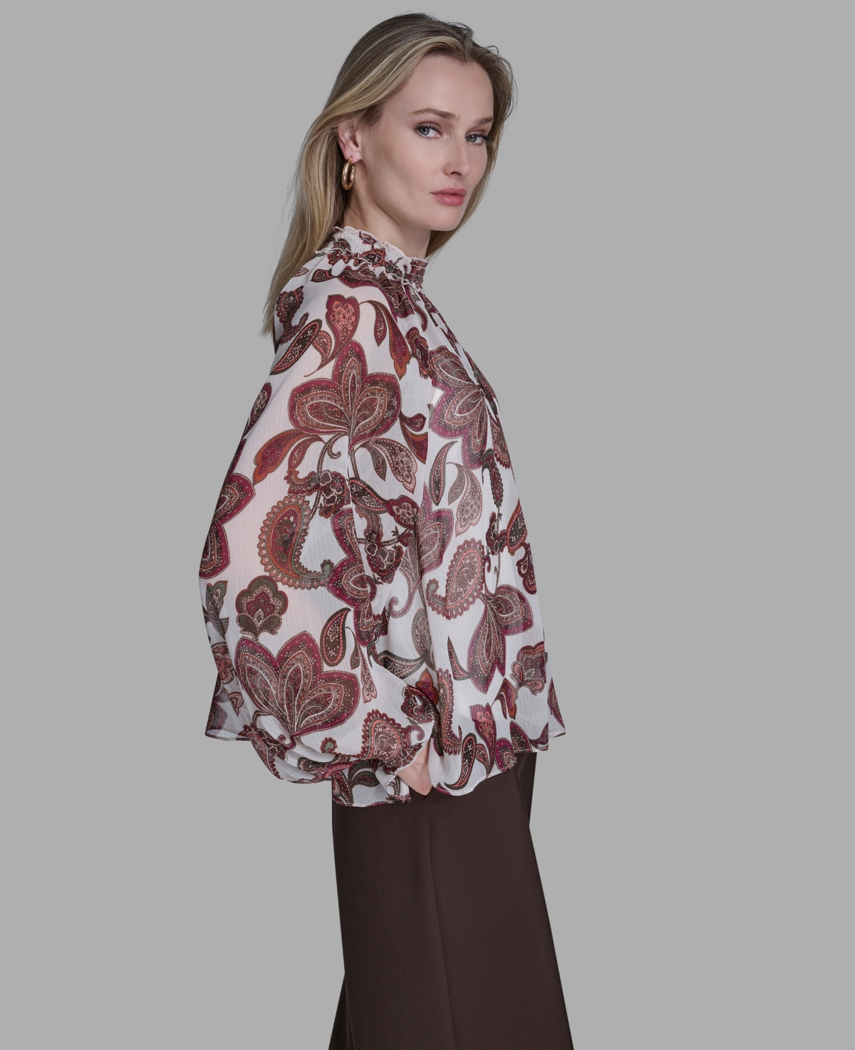 Bcbg Women's Smocked High Neck Top In Brown