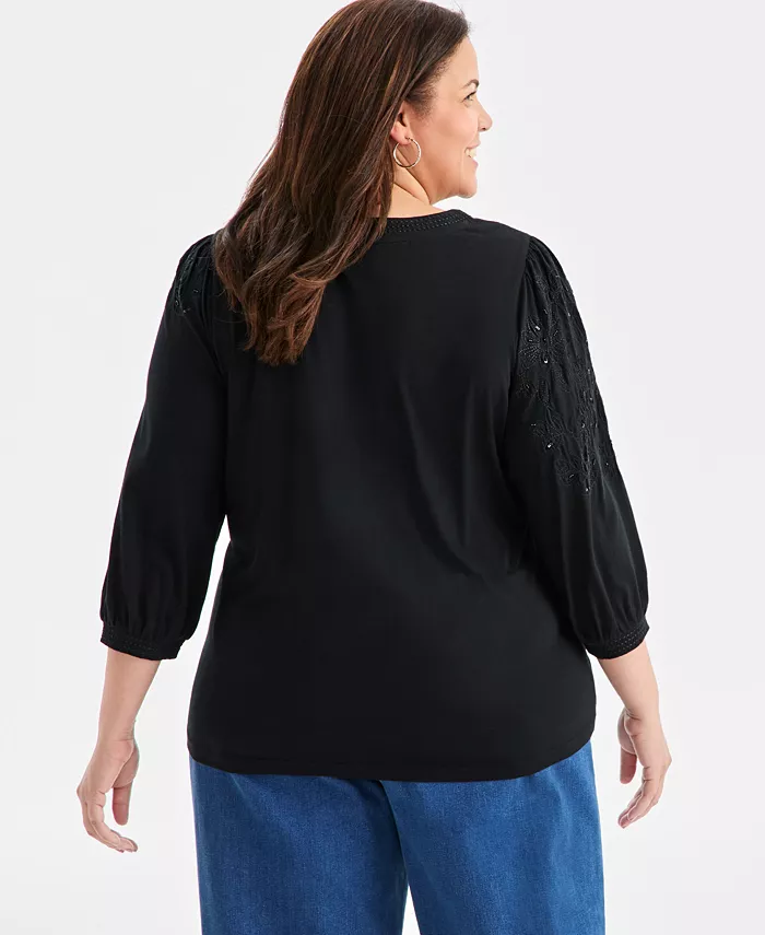 Plus Size Floral Embroidery Shine Knit Top - thumbnail 8