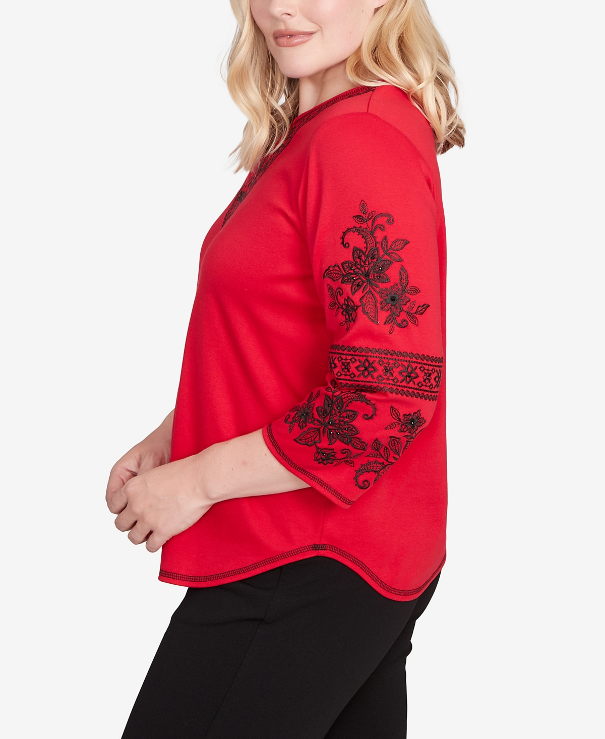 Alfred Dunner Jet Setter Knit Embroidered Sleeve Beaded Split Neck Top In Red