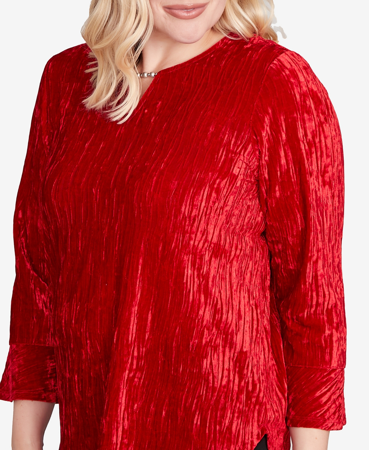 Alfred Dunner Jet Setter Crushed Velvet Henley Tie Sleeve Top In Red