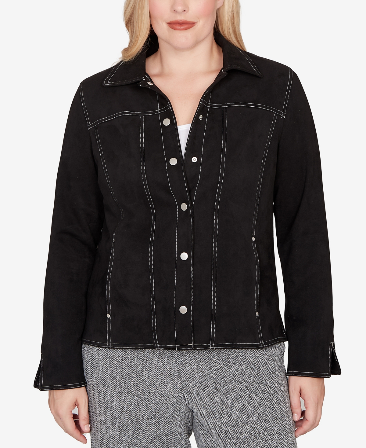 Alfred Dunner Jet Setter Print Lining Faux Suede Jacket In Black