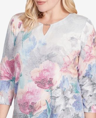 Women's Casual Vibe Floral Brushstroke Beaded Split Neck Top