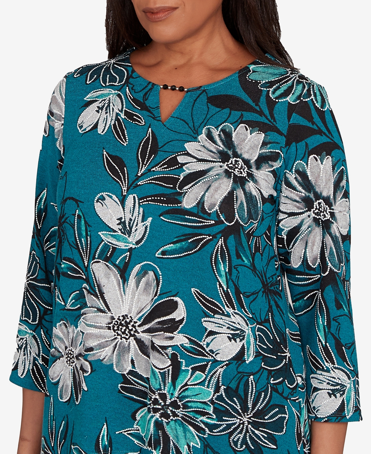 Alfred Dunner Lake Champlain Floral Printed Beaded Neck Top In Multi