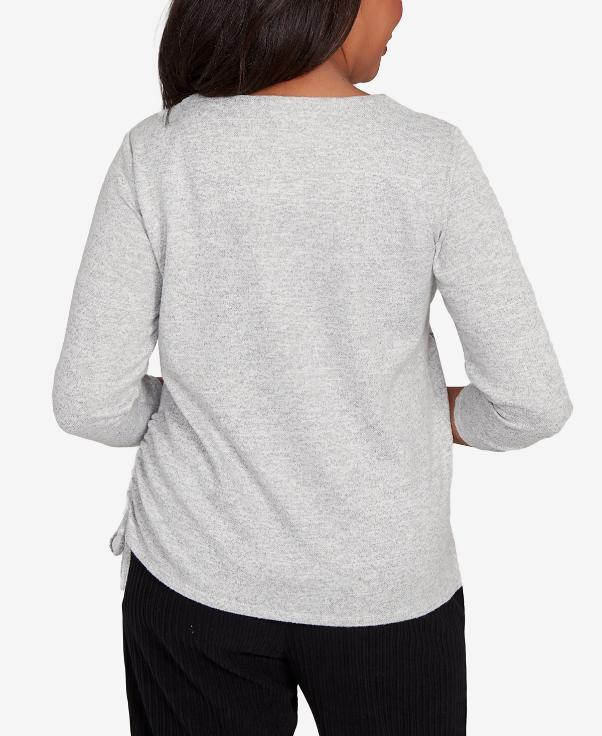 Alfred Dunner Lake Champlain Embroidered Flowers With Side Tie Ruching Top In Gray