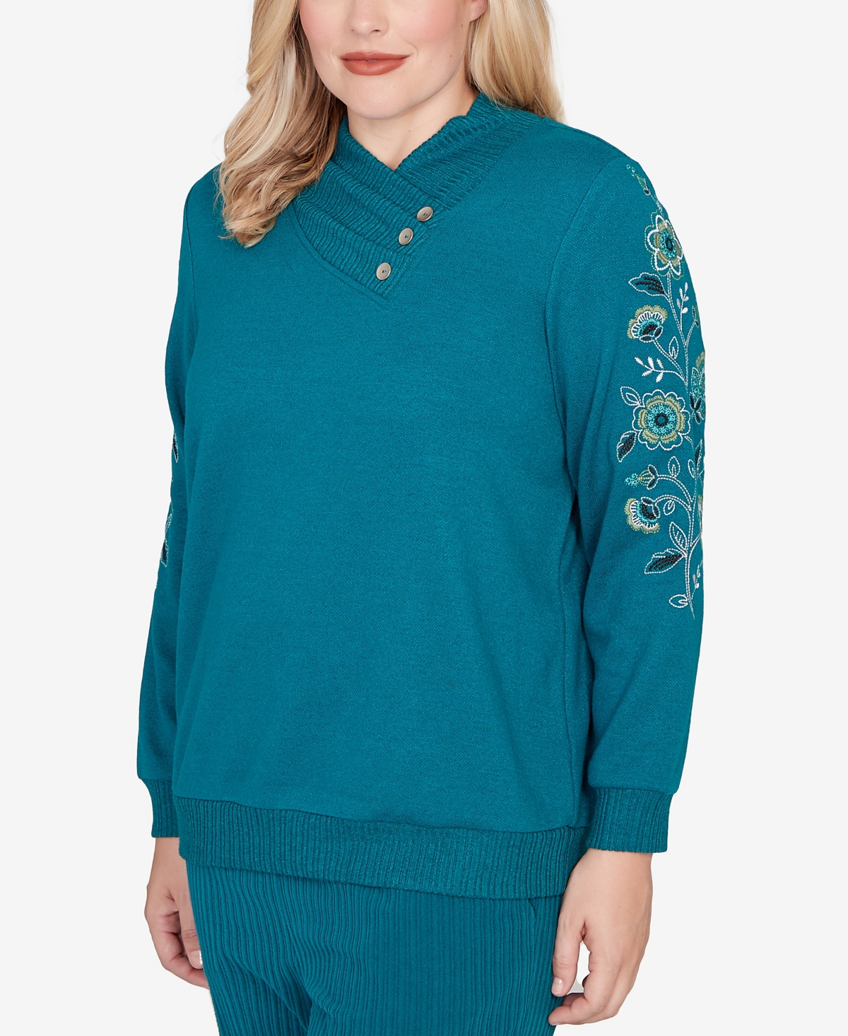 Alfred Dunner Lake Champlain Embroidered Sleeve Button Detail Top