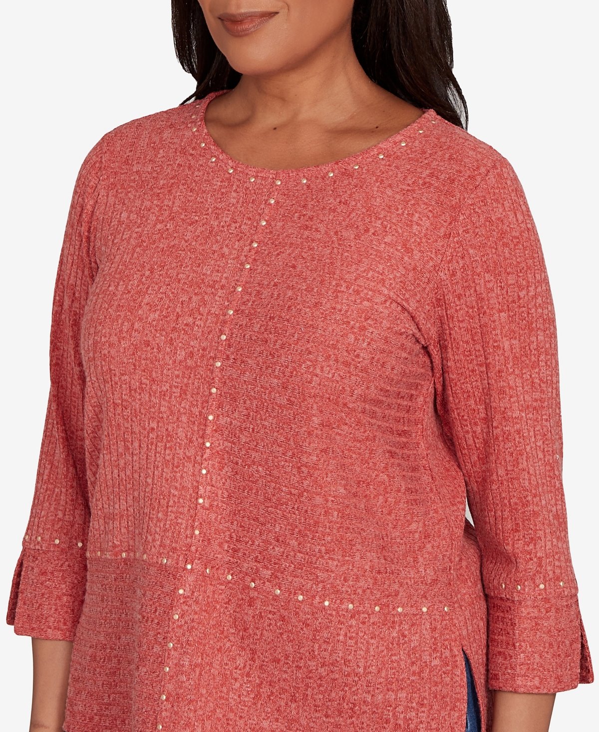 Alfred Dunner Sunset Canyon Embellished Spliced Solid Top In Pink