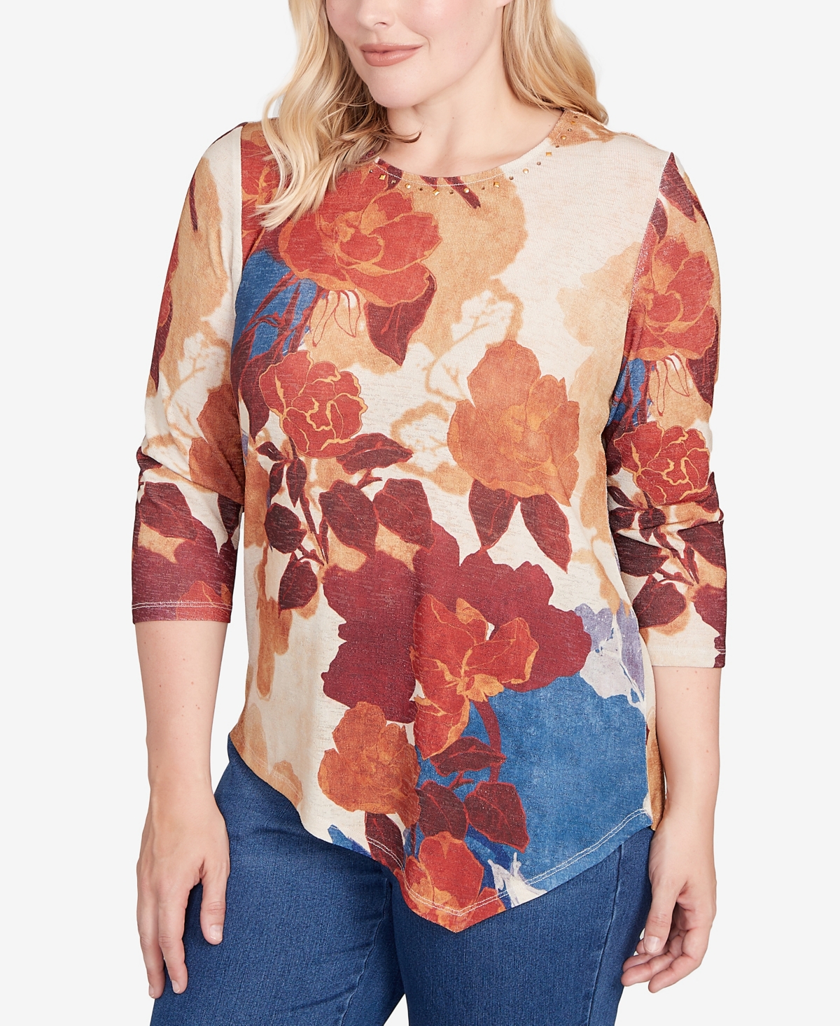 Alfred Dunner Sunset Canyon Dramatic Abstract Floral Asymmetrical Top In Animal Print