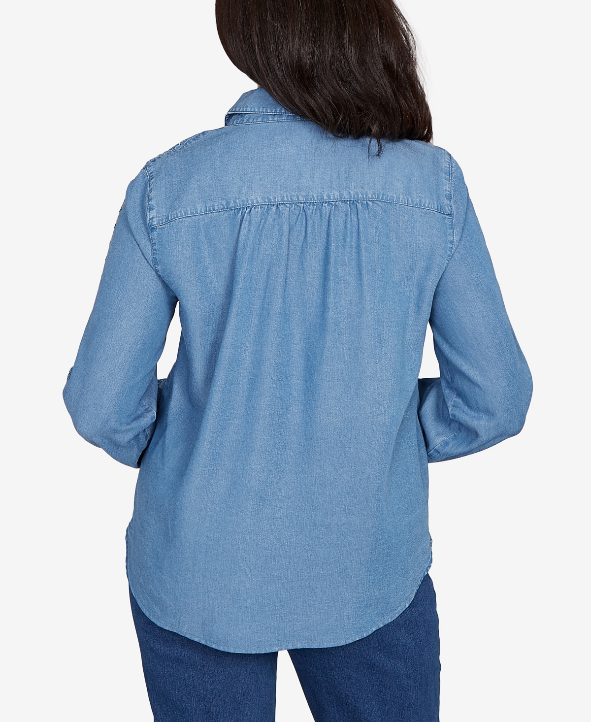 Alfred Dunner Sunset Canyon Needlepoint Embroidered Button Front Top In Blue