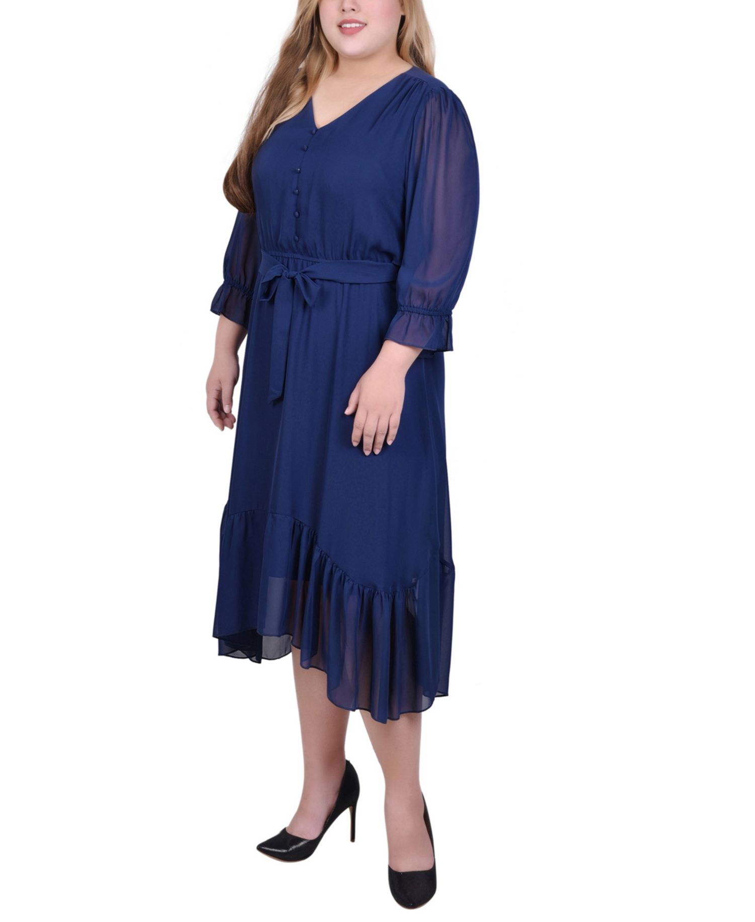 Plus Size 3/4 Sleeve V-Neck Flounced Dress