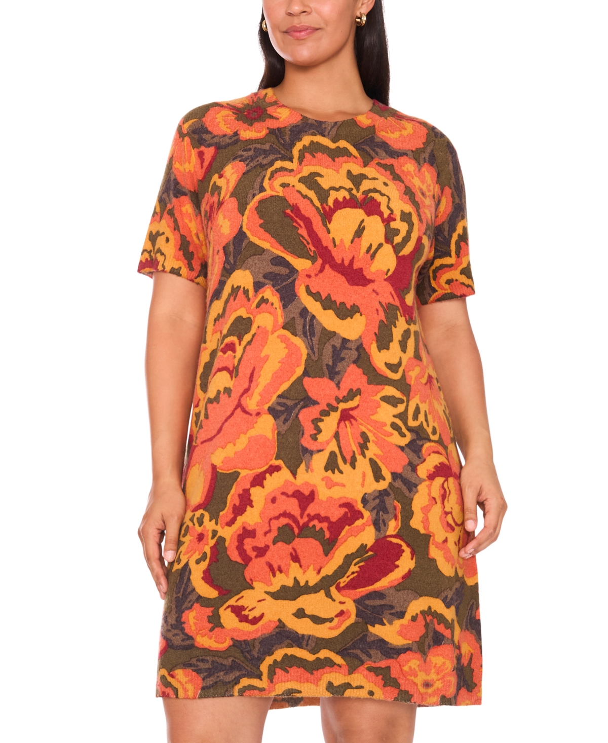 Msk Plus Size Round Neck Printed Sweater Dress In Green