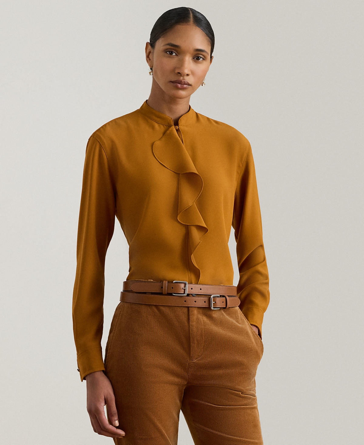 Ralph Lauren Womens Ruffle Trimmed Georgette Tunic P Xs Xxl In Brown