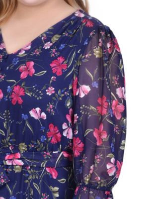 Plus Size 3/4 Sleeve V-Neck Flounced Dress