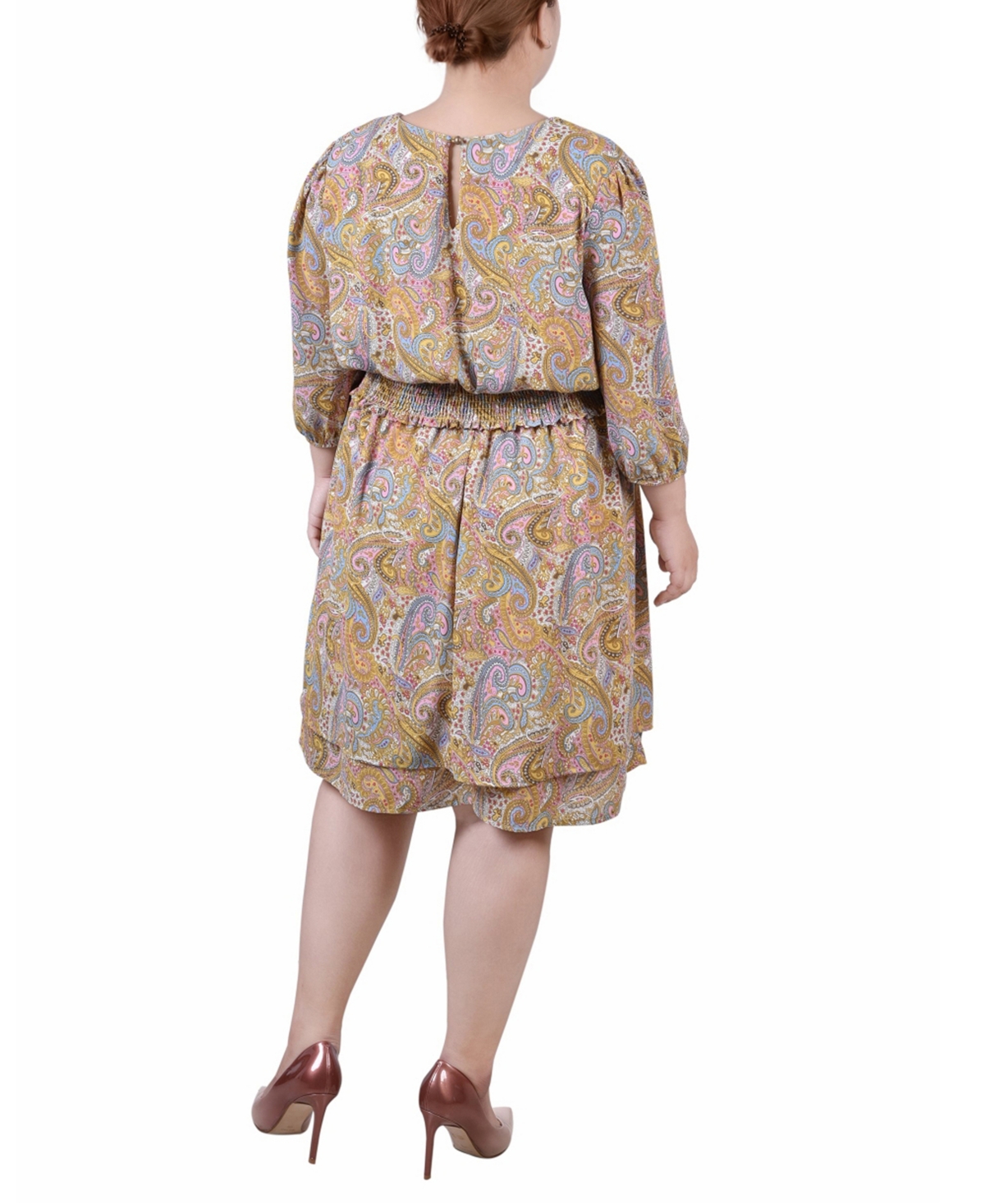 Ny Collection Plus Size 3/4 Sleeve Dobby Smocked Waist Dress In Yellow