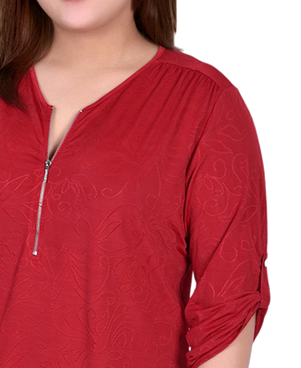 Ny Collection Plus Size 3/4 Roll Tab Zip Front Jacquard Knit Top In Red