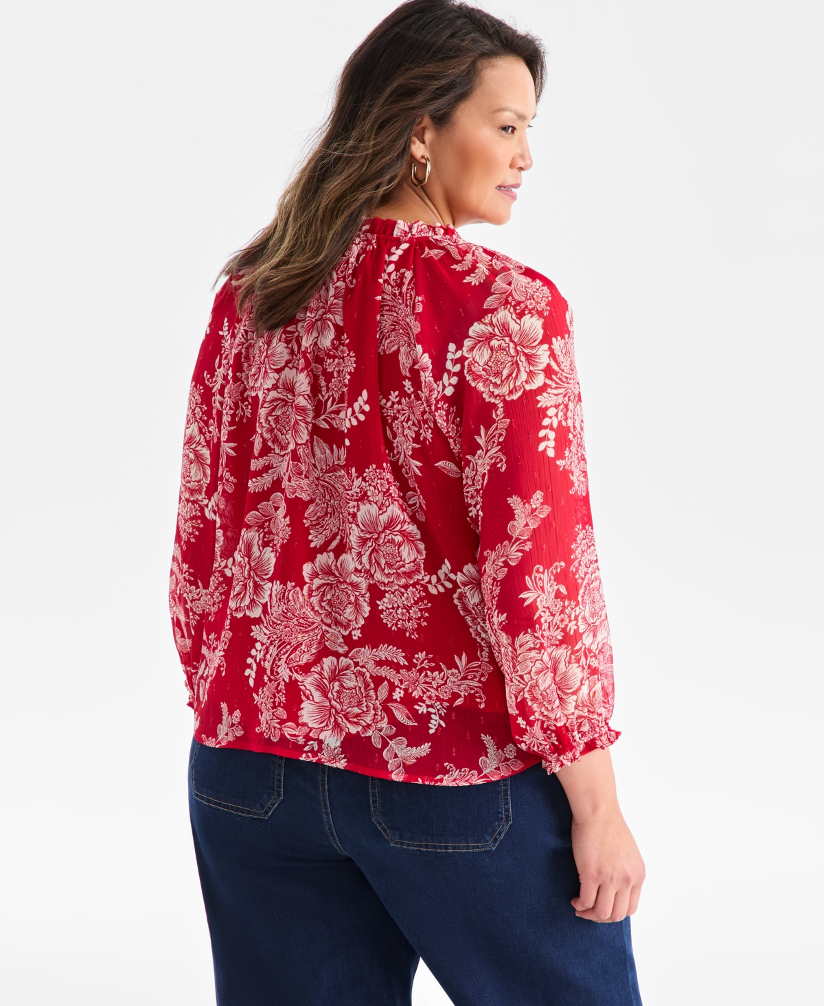 Style & Co Petite Floral Shine Ruffled Button-front Blouse, Macy's Exclusive In Red