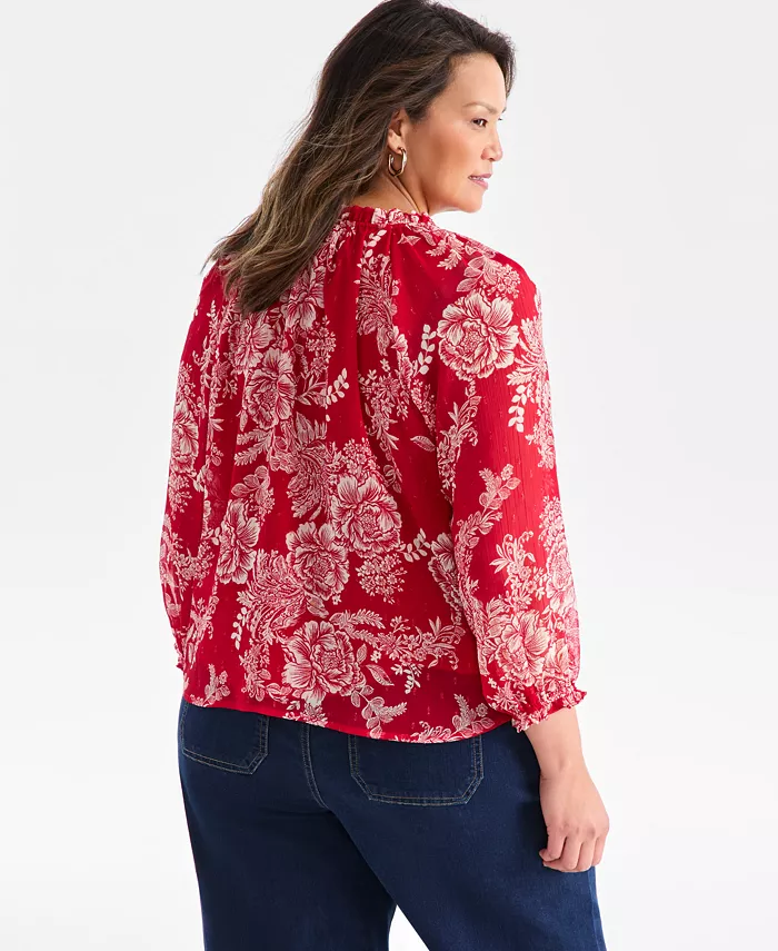 Women's Floral Ruffled Split-Neck Top - thumbnail 9