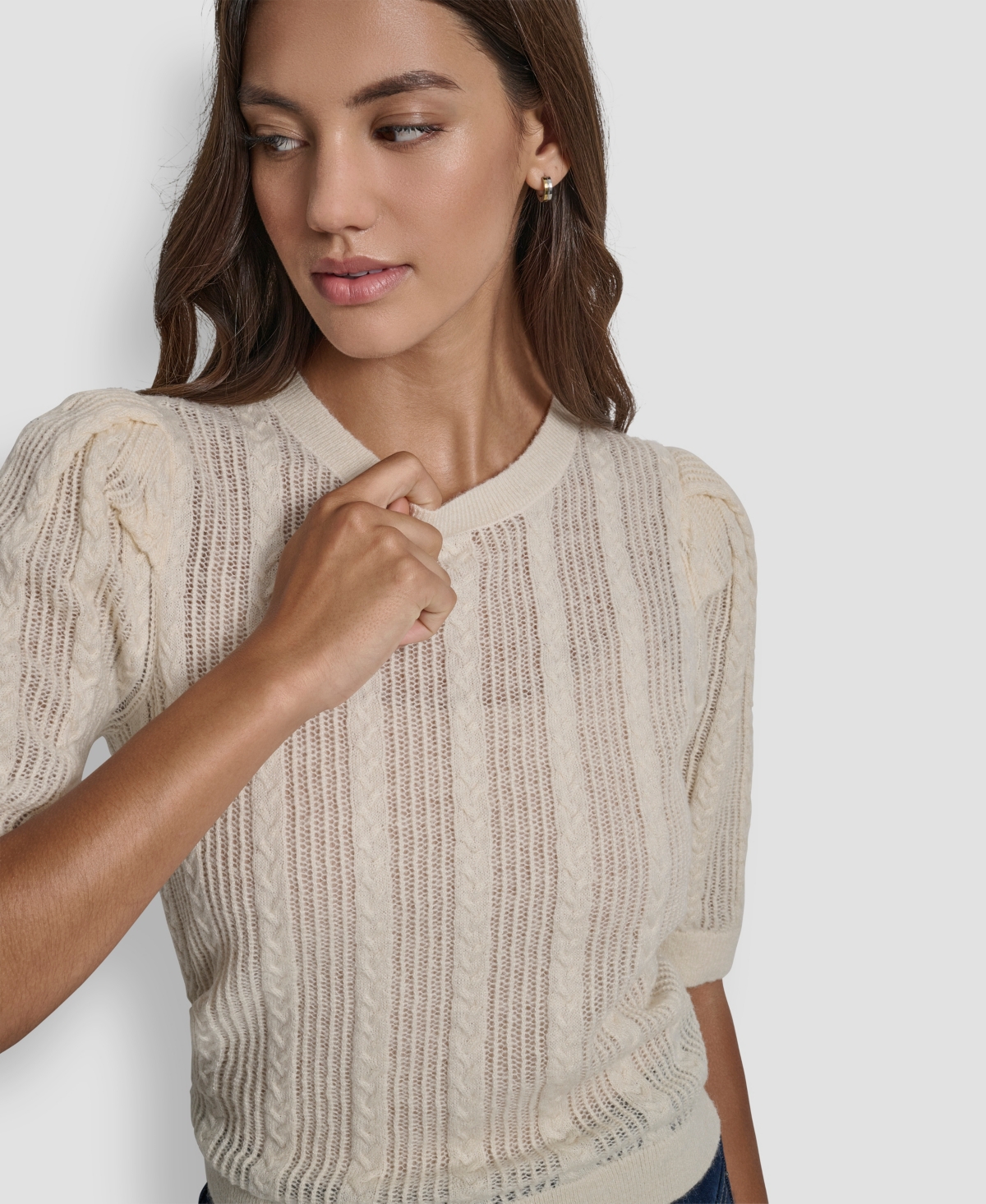 Dkny Jeans Women's Mixed Stitch Puff-sleeve Sweater In Neutral