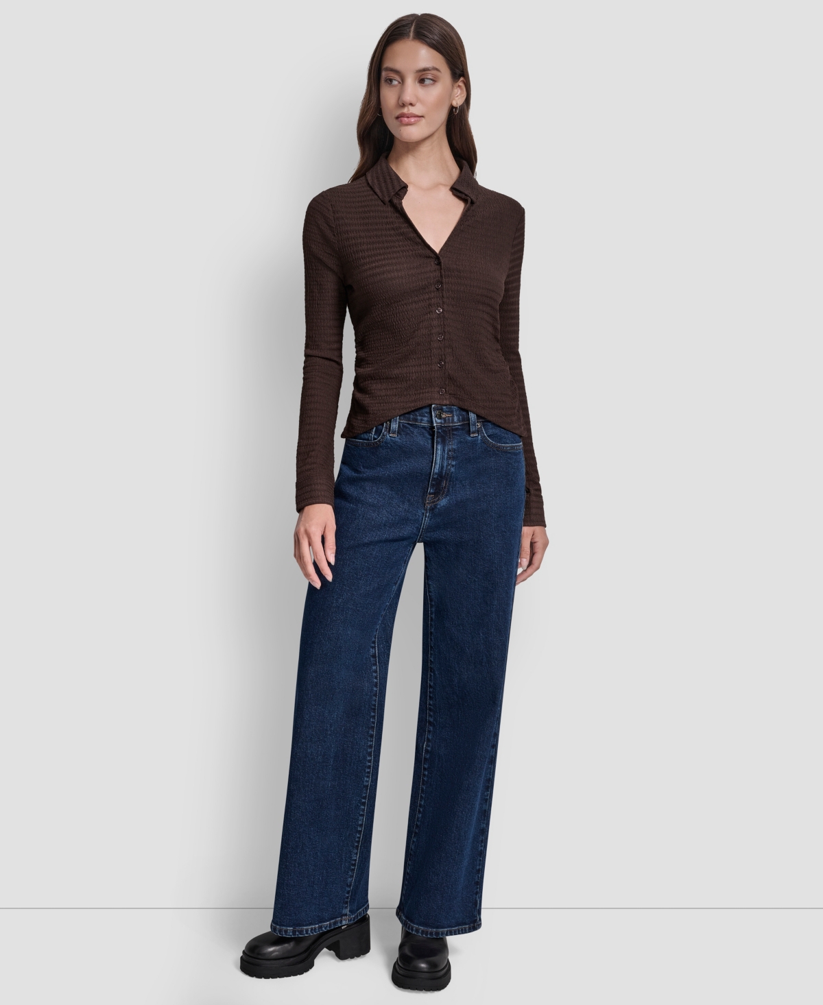 Dkny Jeans Women's Textured Collared Button-front Top In Brown