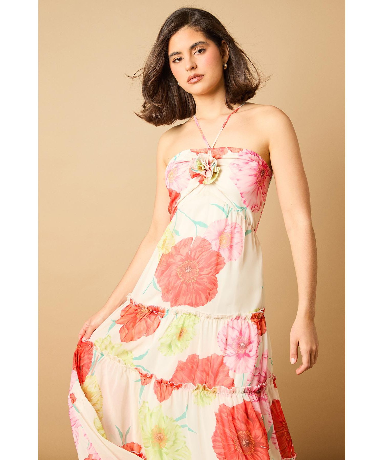 Women's Rosette Detail Halterneck Midi Dress