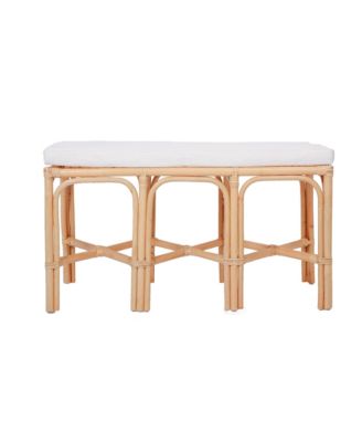 - Natural Rattan and Beige Fabric Bench Exotic Boho Upholstery Entry