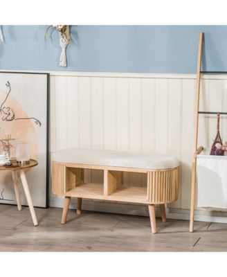 - Beige Velvet and Wood Storage Bench Exotic Boho Entry
