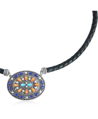 Sterling Silver Multi-Gemstone Oval Pendant Black Leather Necklace, 17 to 20 Inches