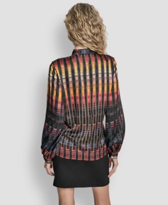 Women's Printed Neck Tie Long Sleeve Top