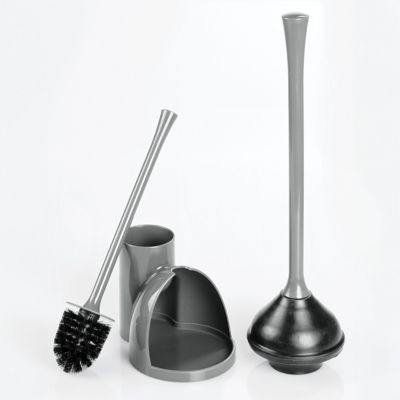 Compact Toilet Brush and Plunger Set - Gray