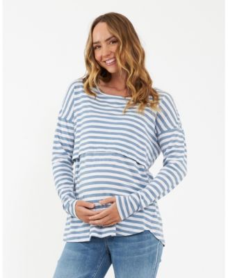 Maternity Ripe Lionel Long Sleeve Nursing Tee in Petrol and White - Comfortable and Stylish for New Moms