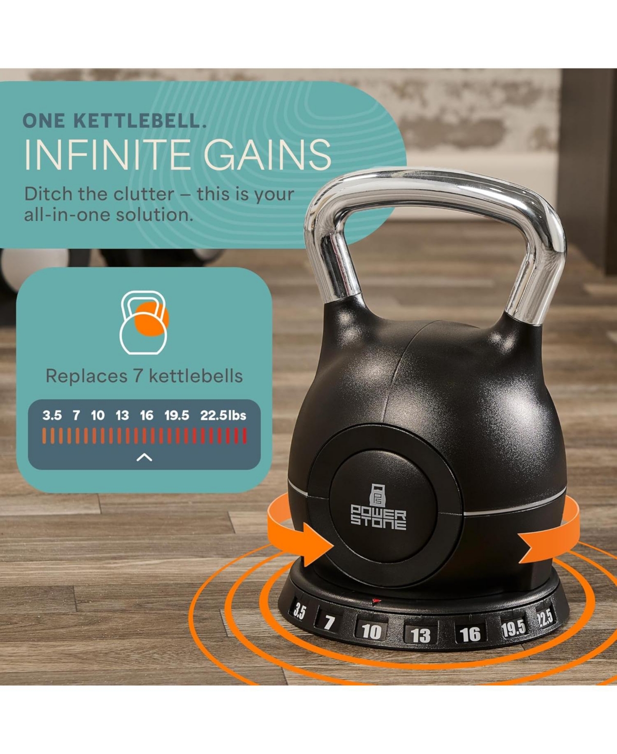 Lifepro PowerStone Adjustable Kettlebell – 3.5 to 22.5 lb 7-in-1 Weight Set with Quick-Select Dial for Full-Body Workouts
