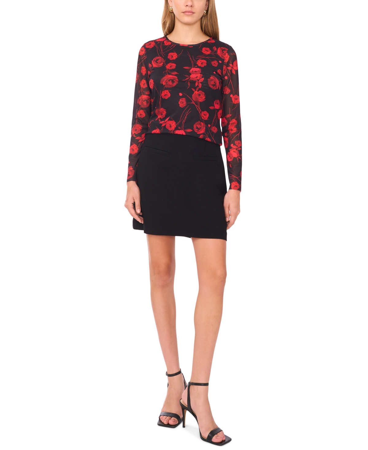 1.state Floral Mesh Long Sleeve Top In Red