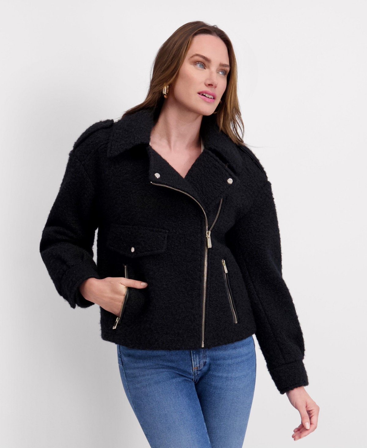 Kensie Short Boucle Asymmetrical Motorcycle Jacket