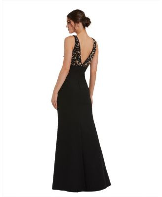 Women's Crepe Sleeveless Beaded V Neck Gown With Bow