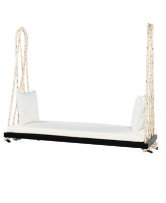 63 Inch Acacia Wood Porch Swing with Cushion and Hemp Ropes