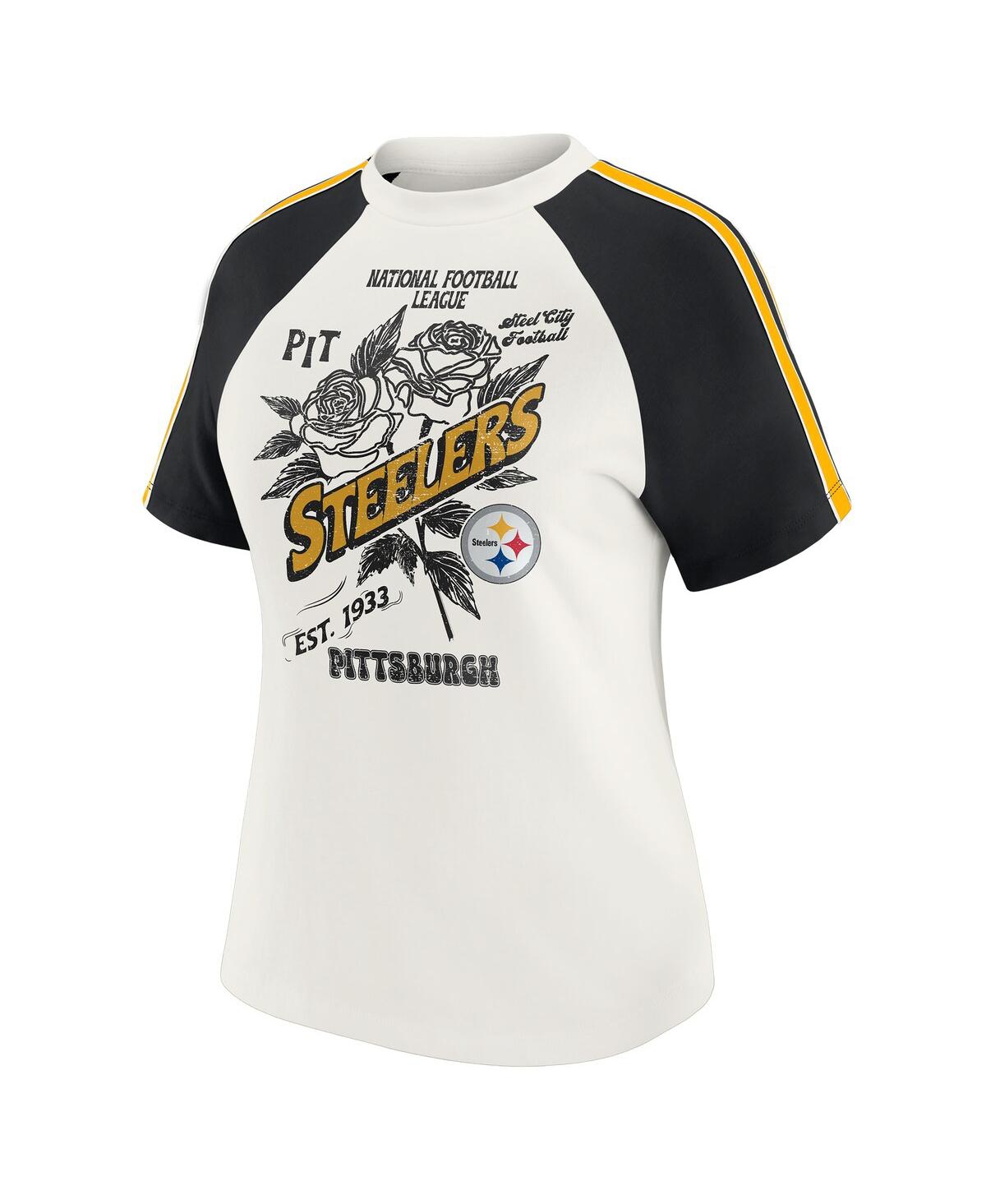 Wear By Erin Andrews Women's White Pittsburgh Steelers Sleeve Stripe Distressed Raglan T-shirt In Black