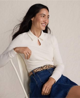 Women's Long Sleeve Pointelle Rib Keyhole Polo Top