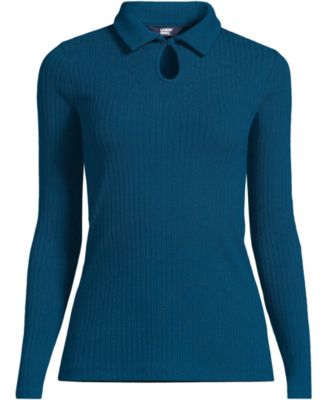 Women's Long Sleeve Pointelle Rib Keyhole Polo Top