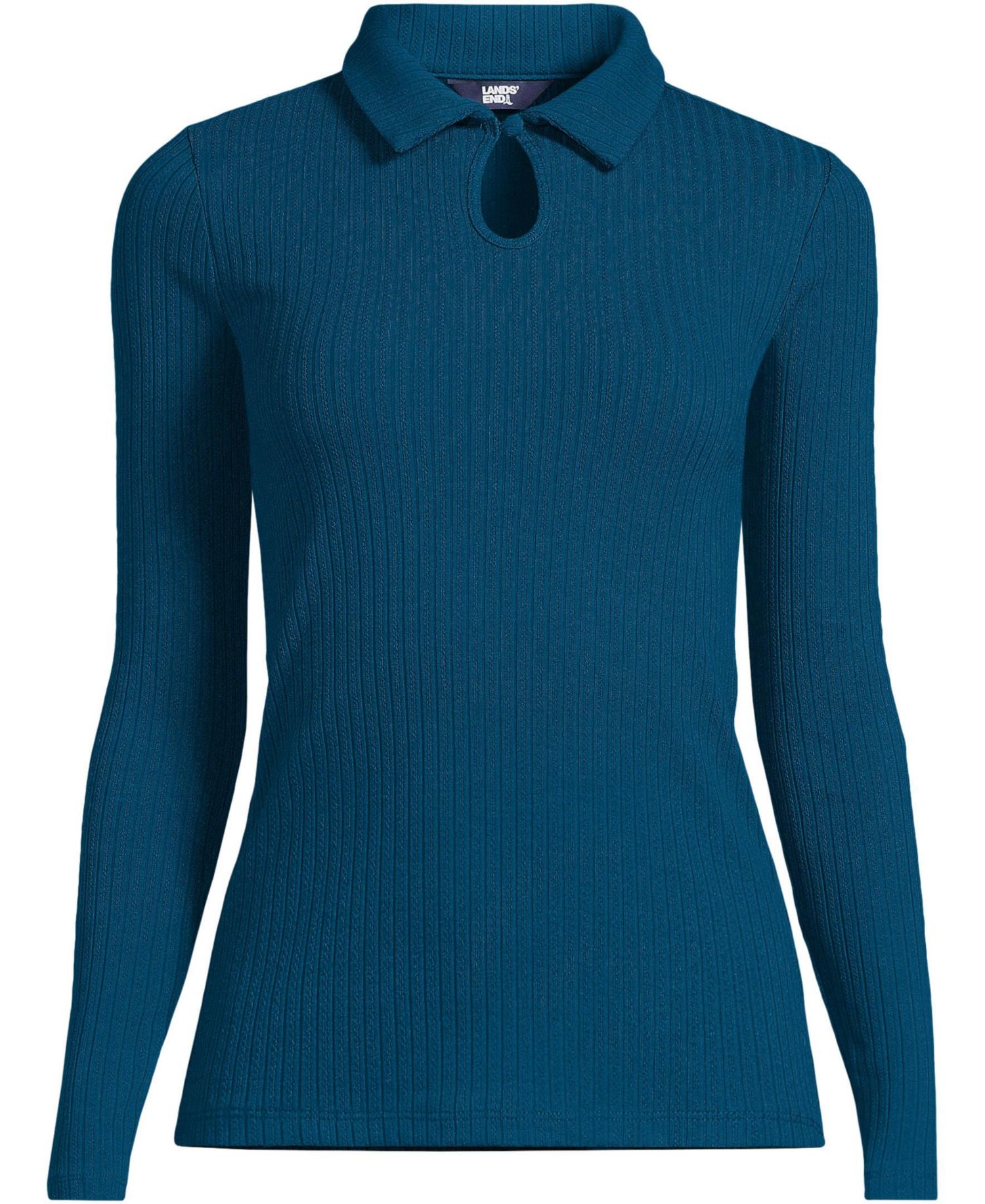 Women's Long Sleeve Pointelle Rib Keyhole Polo Top
