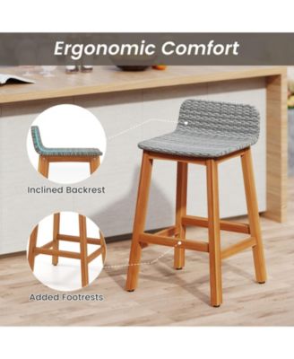 Solid Acacia Wood Bar Stools Set of 4 Rattan Bar Height Patio Chairs for Porch